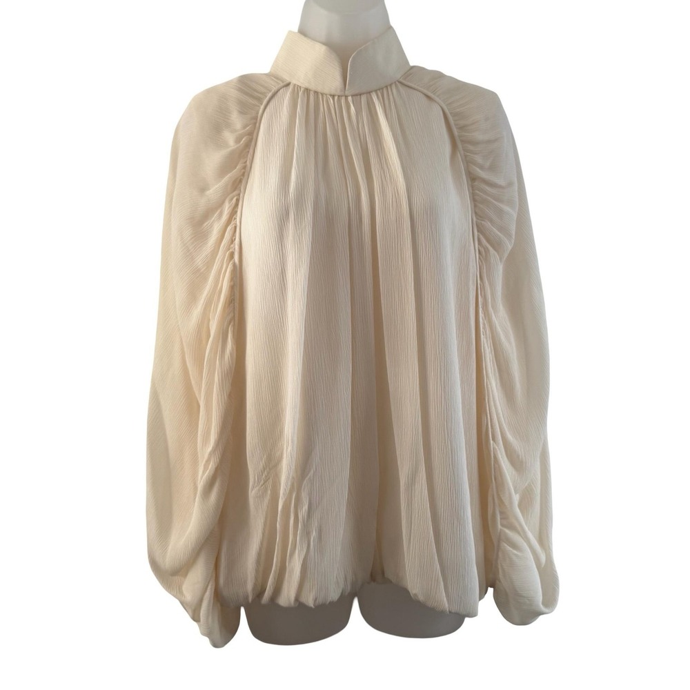 Blanc De Chine Shirt Womens 16 White Silk High Neck Pleated Bubble Hem Blouse‎